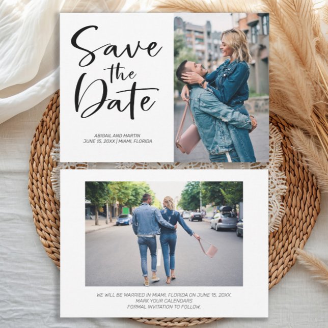 Reserve A Data 2 Foto Brush Script Casamento Salve a Data (Wedding Save-the-Date 2 photo front/back card)
