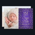 Reserve A Data 2 Foto Quinceanera Elegante Roxo Glitter Dourado<br><div class="desc">O tempo voa! Convide a família e amigos para uma elegante celebração da Quinceañera para ela com este na moda 2 foto roxo e ouro 3, 5"x5", salve o convite de data. (DICA DE IMAGEM: Uma maneira fácil de centralizar uma foto exatamente como você deseja é recortá-la antes de carregá-la...</div>