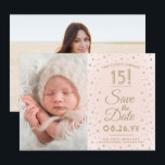 Reserve A Data 2 Fotografia Quinceanera Chic Blush Dourado Brilha<br><div class="desc">O tempo voa! Convide a família e amigos para uma elegante celebração da Quinceañera para ela com esta foto na moda 2 rosa-pincel e ouro 3, 5"x5", salve o convite de data. (DICA DE IMAGEM: Uma maneira fácil de centralizar uma foto exatamente como você deseja é recortá-la antes de carregá-la...</div>