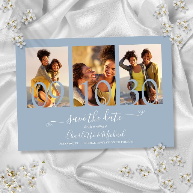Reserve A Data 3 Colagem de Fotos Assinatura Script Dusty Blue (3 Photo Collage Signature Script Dusty Blue Save The Date)