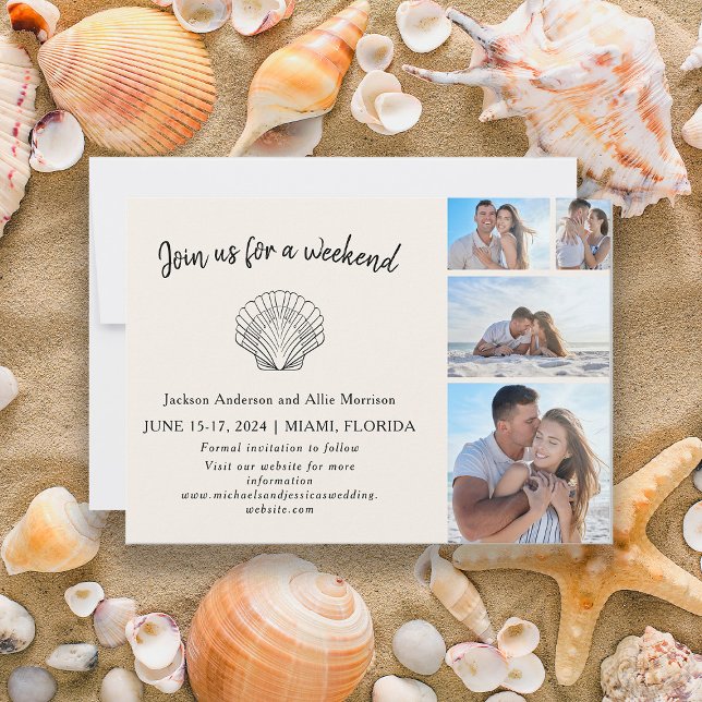 Reserve A Data 4 Casamento de Destino de Seashell em Photo Beach (4-photo beach wedding Save the Date card)