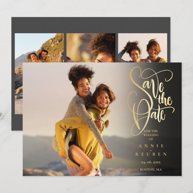 Reserve A Data 4 Foto Moderno Elegante Script Dourado (Frente/Verso)