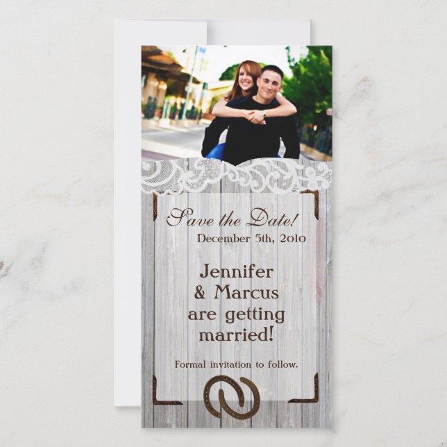 Reserve A Data 4x8 Noivado Anunciando Sapatos de Cavalo na Madeir (Frente)