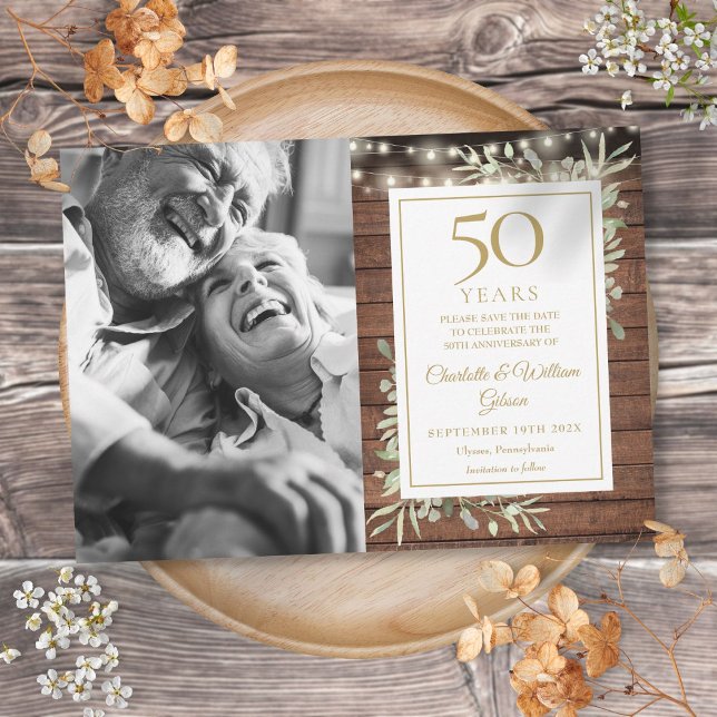 Reserve A Data 50ª Foto da Rustic Greenery Lights (50th Anniversary Rustic Greenery Lights Photo Save The Date)