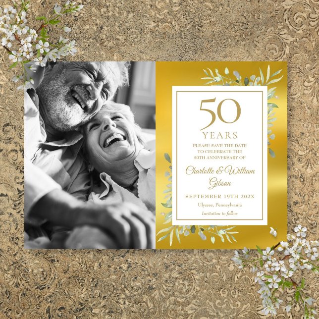 Reserve A Data 50ª Foto de Greenery Gold Foto do Aniversário do C (50th Wedding Anniversary Greenery Gold Foil Photo Save The Date)