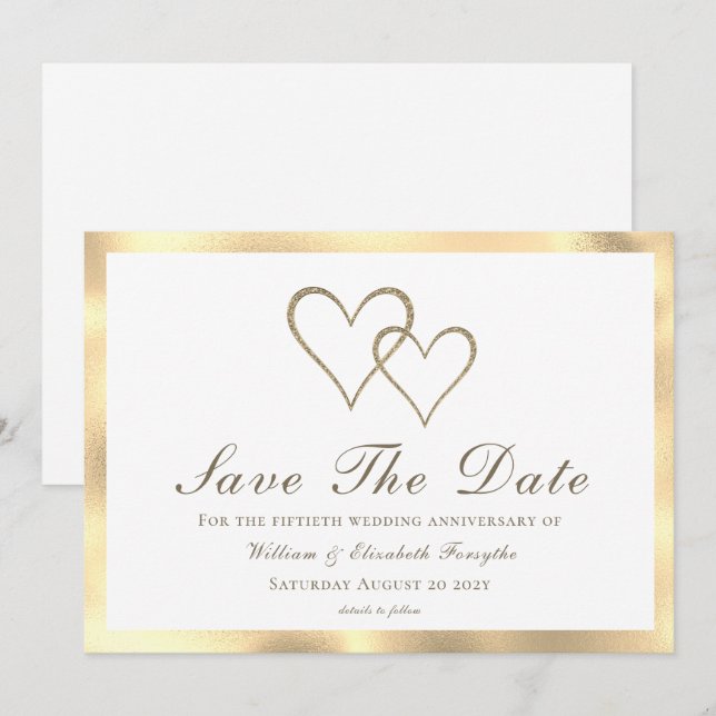 Reserve A Data 50º Aniversário de Casamento Corações de Ouro (Frente/Verso)