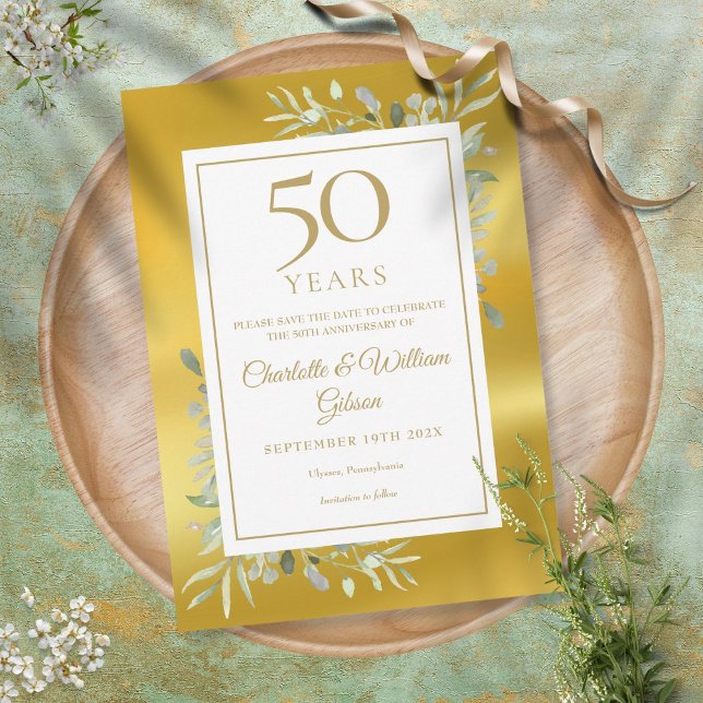 Reserve A Data 50º Aniversário do Casamento Greenery Gold Foil (Criador carregado)