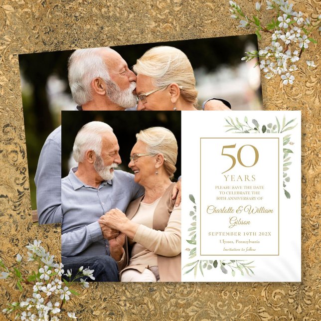 Reserve A Data 50º Ouro Casamento Aniversário Greenery 2 Fotos (50th Golden Wedding Anniversary Greenery 2 Photos Save The Date)