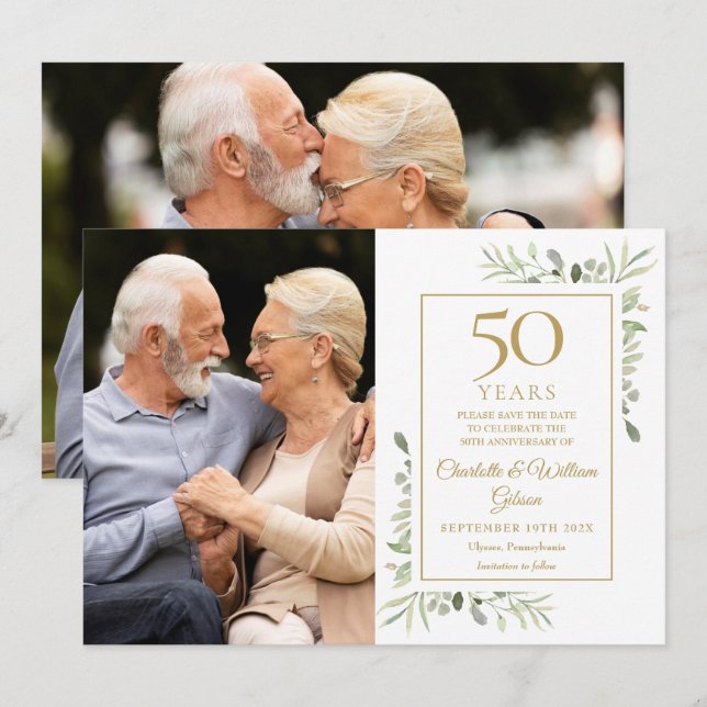 Reserve A Data 50º Ouro Casamento Aniversário Greenery 2 Fotos (Frente/Verso)