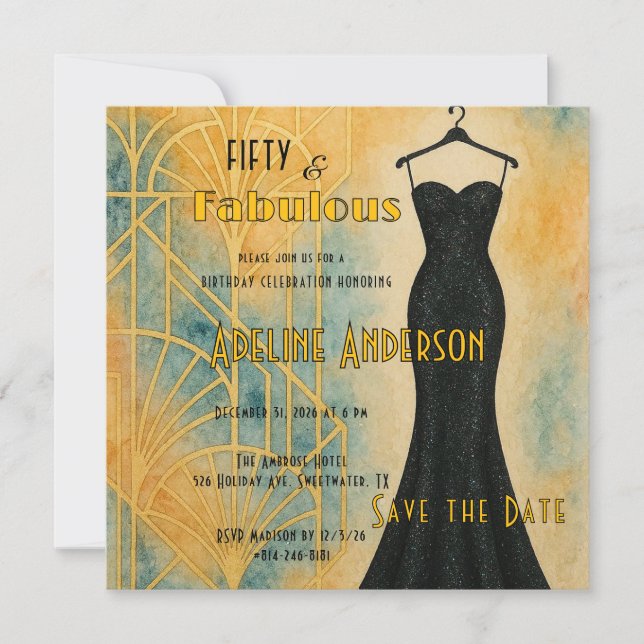 Reserve A Data 50 Fabulous Black Gold Art Deco Save The Date Card (Frente)