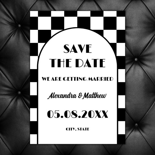 Reserve A Data 50 Retro Branco Negro Roll e Rock (retro rock and roll save the date black and white grid rock black wedding vintage)