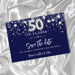 Reserve A Data 50th birthday navy blue silver stars<br><div class="desc">A girly and trendy Save the Date card for a 50th birthday party. A navy blue colored background. Decorated with faux silver stars. The text: Save the Date is written with a large trendy hand lettered style script. Number 50 is written with a balloon style font.</div>