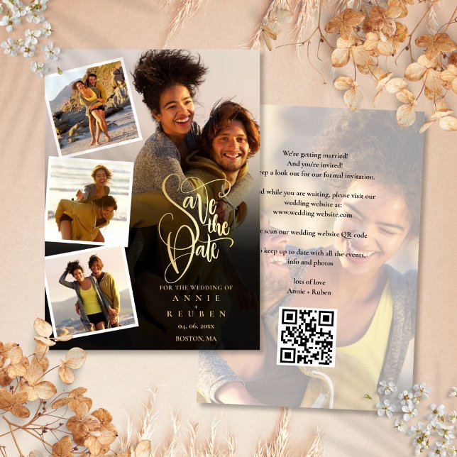 Reserve A Data 5 Código QR de Script Dourado de Colagem de Foto C (5 Photo Collage Wedding Gold Script QR Code Save The Date)