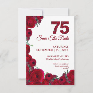 Reserve A Data 75 Anos Elegante Bold Vermelho Floral 75º Aniversá