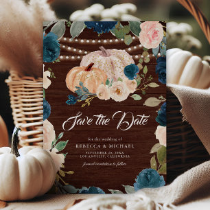 Reserve A Data Abóbora Floral Azul Naval Pêssego Madeira Casament