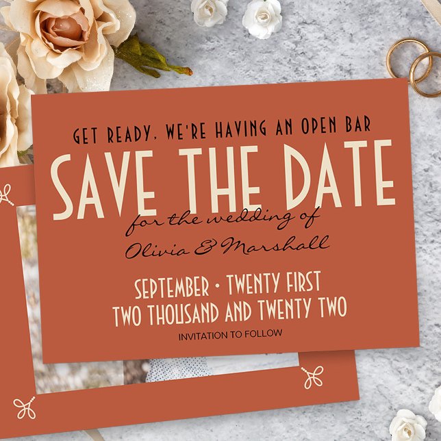 Reserve A Data Abrir Foto Laranja Deco Art do Bar (Vintage Orange Wedding Save the Date Card with photo)