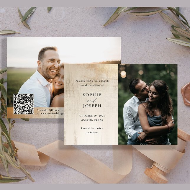 Reserve A Data Abstrato neutro do ouro | Código QR de Casamento E (This classic and glamorous wedding save the date features an easily scannable QR code and photos)