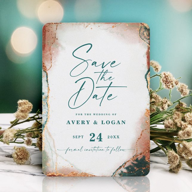 Reserve A Data Abstrato - Teal escuro e Casamento outono de cobre (A captivating save the date card featuring deep teal and shimmering copper accents.)