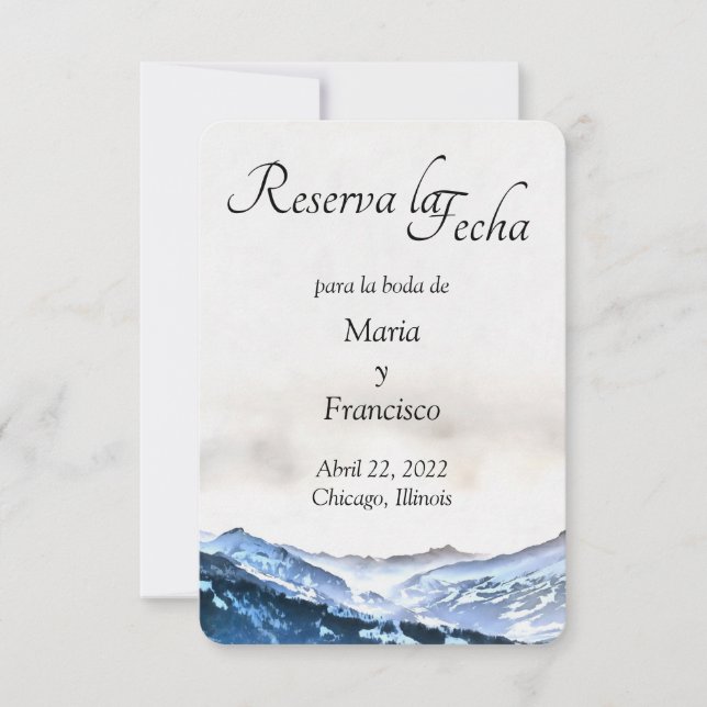 Reserve A Data Acuarela de Montaña Brumosa Azul Reserva la Fecha (Frente)
