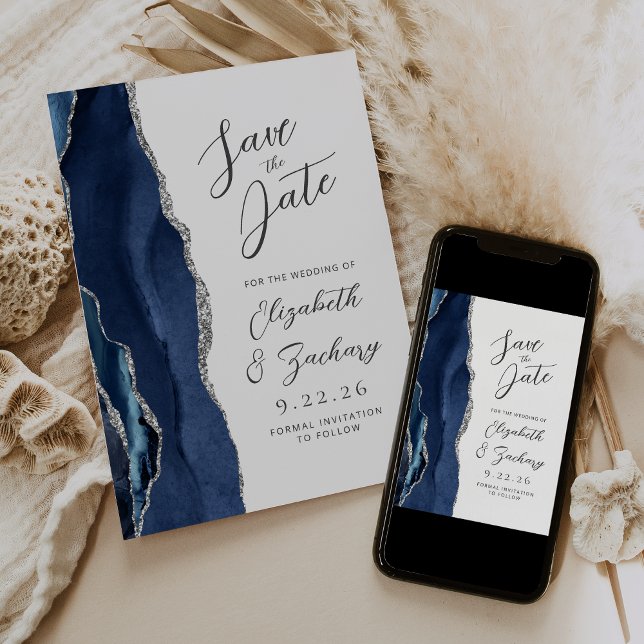 Reserve A Data Ágata Azul Marinho Prata Moderno Casamento Script (Criador carregado)