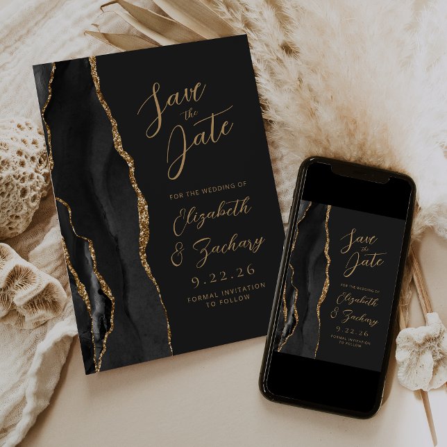 Reserve A Data Ágata Preto Dourado Script Escuro Casamento Salvar (Criador carregado)