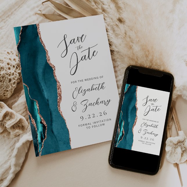 Reserve A Data Ágata Rosa Dourada Moderno Casamento Script (Criador carregado)
