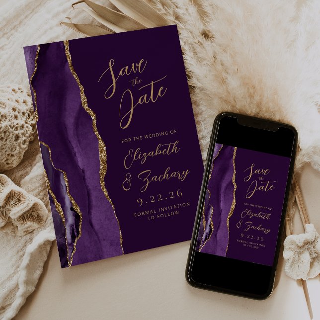 Reserve A Data Ágata Roxo Dourado Ameixa Moderno Casamento Script (Criador carregado)