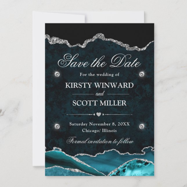 Reserve A Data Ágata Verde Prateado Glitter Casamento Elegante (Frente)