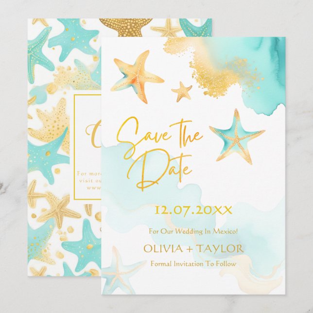 Reserve A Data Água e Dourado Aquarela Casamento Praia Estrela do (Frente/Verso)