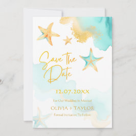 Reserve A Data Água e Dourado Aquarela Estrela do Mar Casamento P