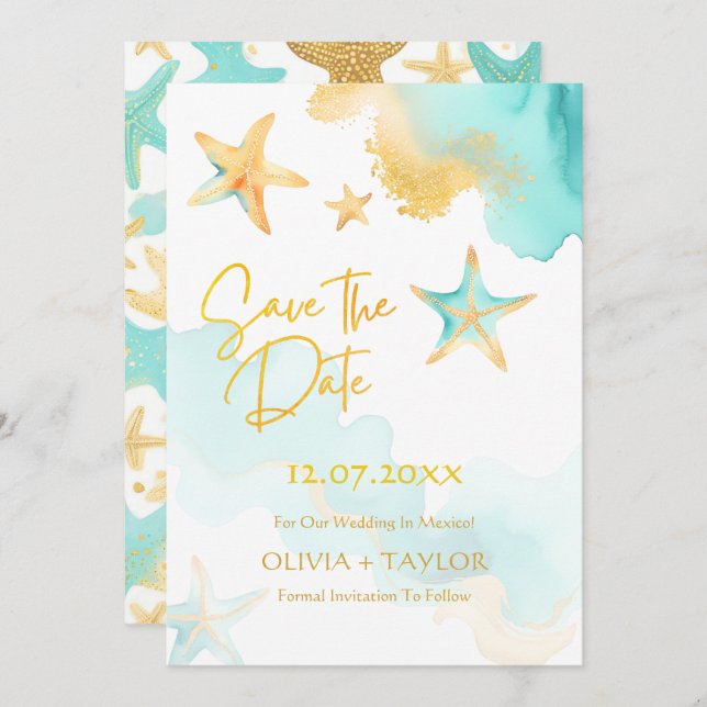 Reserve A Data Água e Dourado Aquarela Estrela do Mar Casamento P (Frente/Verso)