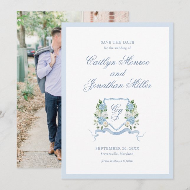 Reserve A Data Água-forte Azul Floral Casamento Salve a Data (Frente/Verso)