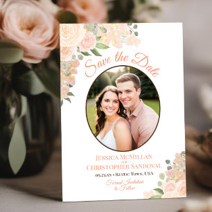Reserve A Data Água-forte Coral Floral Oval Foto Casamento