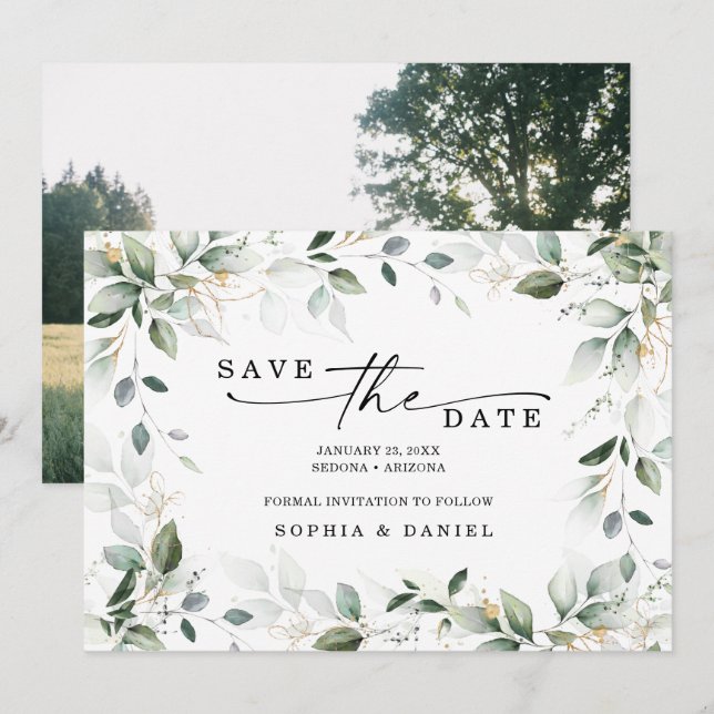 Reserve A Data Água-forte Verde Dourado Salvar Data Casamento (Frente/Verso)