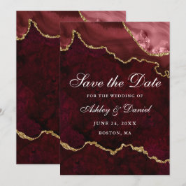 Reserve A Data Aguarela Geodo de Ágata Mármore Burgundy Dourado