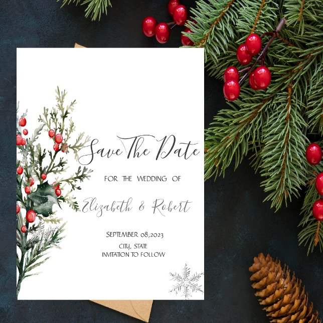 Reserve A Data Aguarela Save the Date Folhagem de Azevinho (Criador carregado)