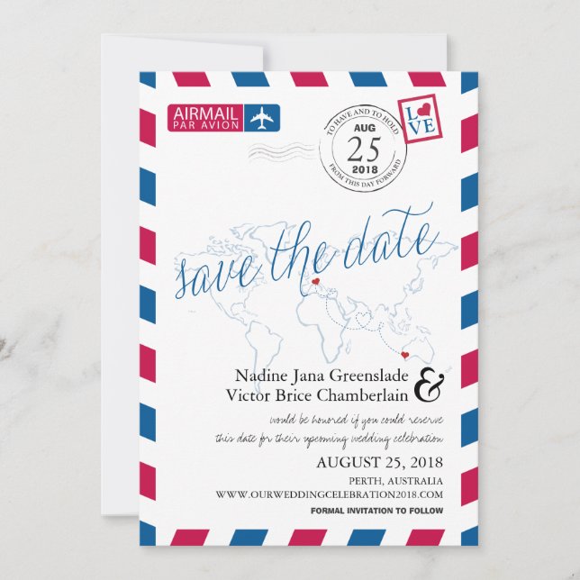 Reserve A Data Airmail Heart Italy and Austraila Save the Date (Frente)