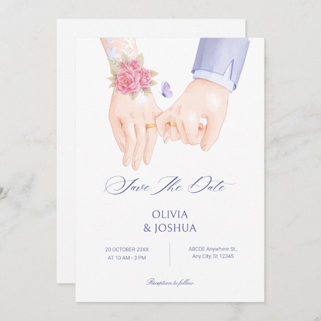 Reserve A Data Alaiança de casamento mãos segurando suave elegant (Frente/Verso)