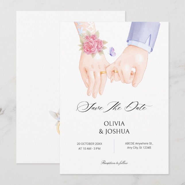 Reserve A Data Alaiança segurando mãos suave elegante casamento (Frente/Verso)