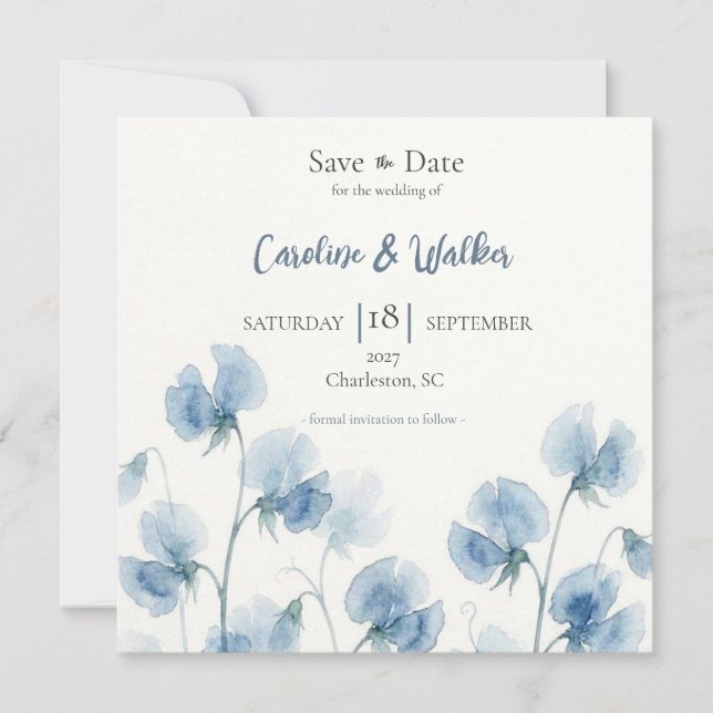 Reserve A Data Algo Azul Casamento Aquarela Salvar a Data (Frente)