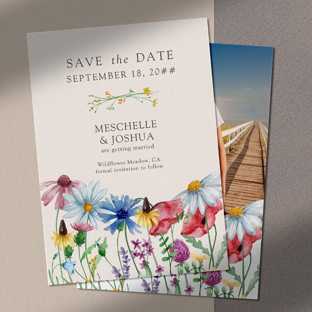 Reserve A Data Algodão de flor selvagem Floral e Foto (Save the Date with photo on the back)