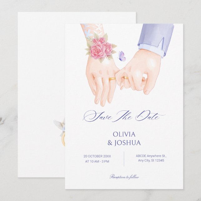 Reserve A Data Aliança de casamento segurando mãos suave elegante (Frente/Verso)