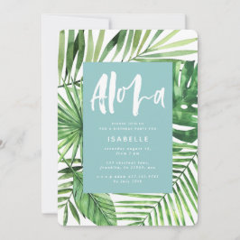 Reserve A Data Aloha teal tropical palm folha e script aniversári