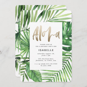Reserve A Data Aloha tropical palm & gold script aniversário