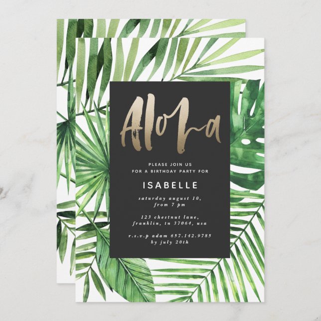 Reserve A Data Aloha tropical palm & gold script party (Frente/Verso)