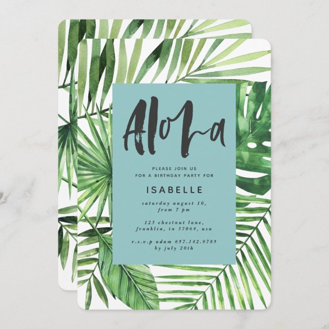 Reserve A Data Aloha tropical Palm leaf e script teou aniversário (Frente/Verso)