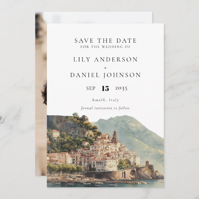 Reserve A Data Amalfi Italian Watercolor Photo Wedding (Frente/Verso)