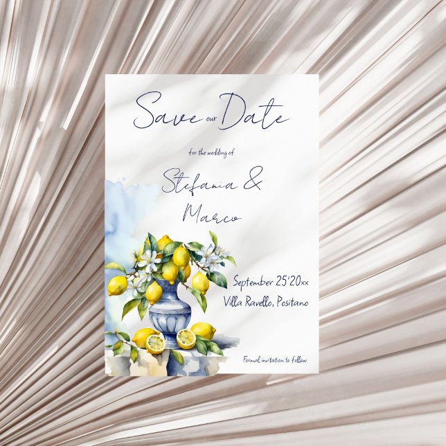 Reserve A Data Amalfi - Vaso azul italiano com limões (Amalfi Italian blue ceramic vase with lemons wedding Save The Date card editable template download)