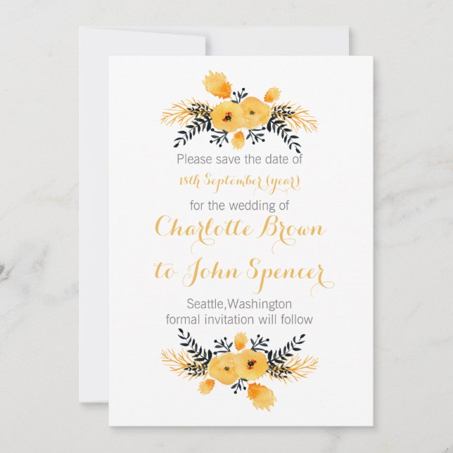 Reserve A Data amarelo cinza aquarela floral salvar as datas (Frente)