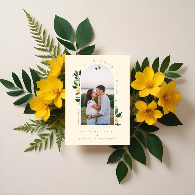 Reserve A Data Amarelo de árvore de limão floral Elegante (Elegant Floral Lemon Tree Arch Photo Yellow Save The Date)